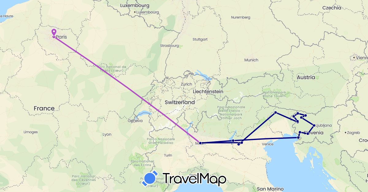 TravelMap itinerary: driving, train in France, Italy, Slovenia (Europe)