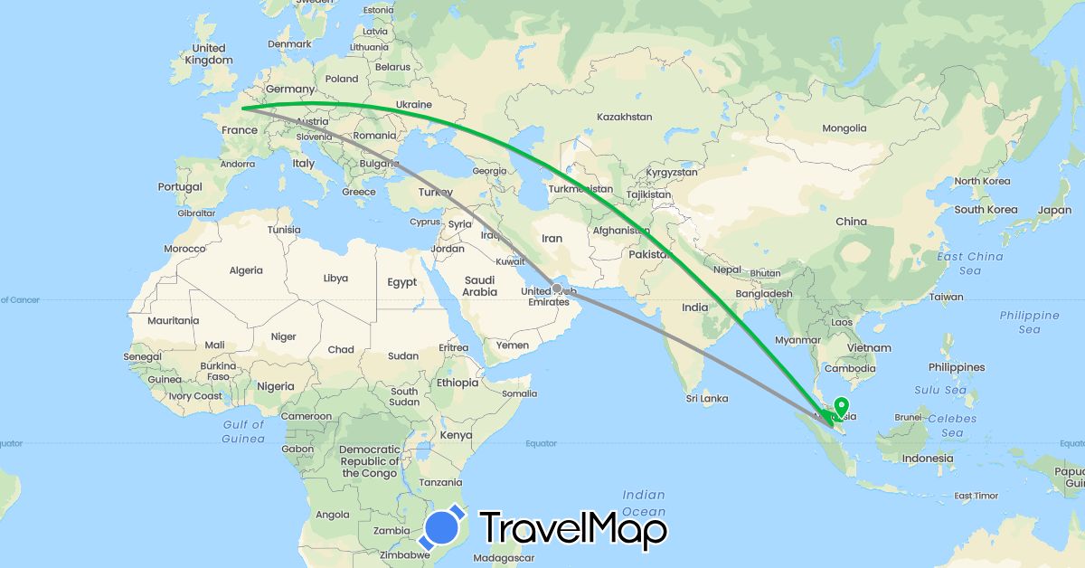 TravelMap itinerary: bus, plane in United Arab Emirates, France, Malaysia (Asia, Europe)